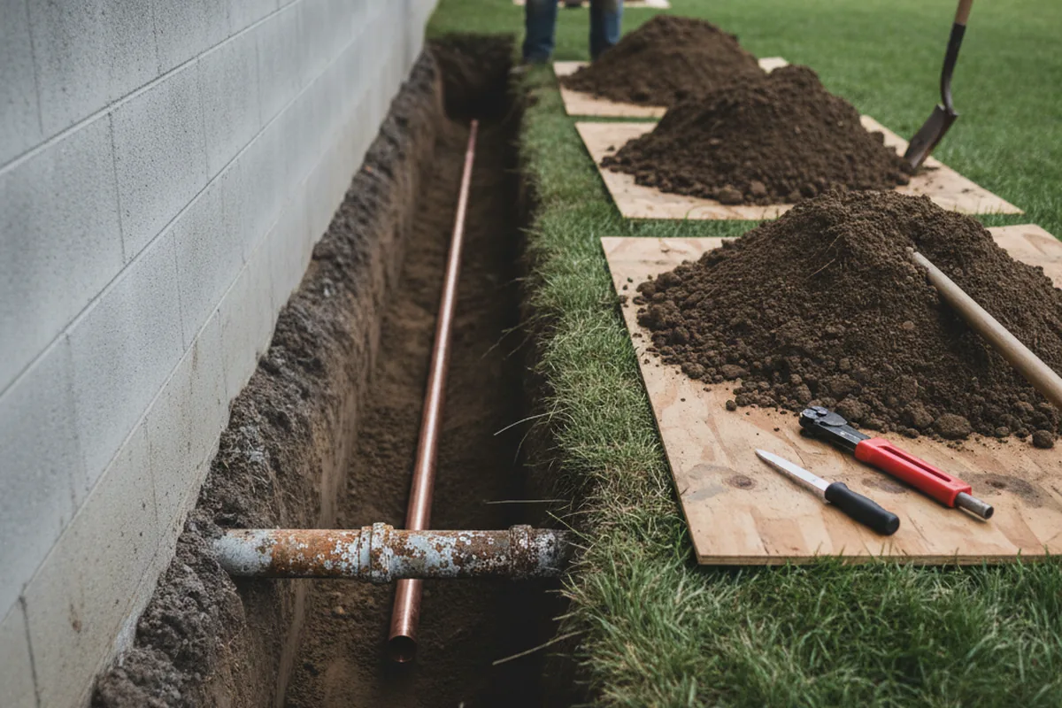 Excavated water line trench during Water Heater Repair in Otego